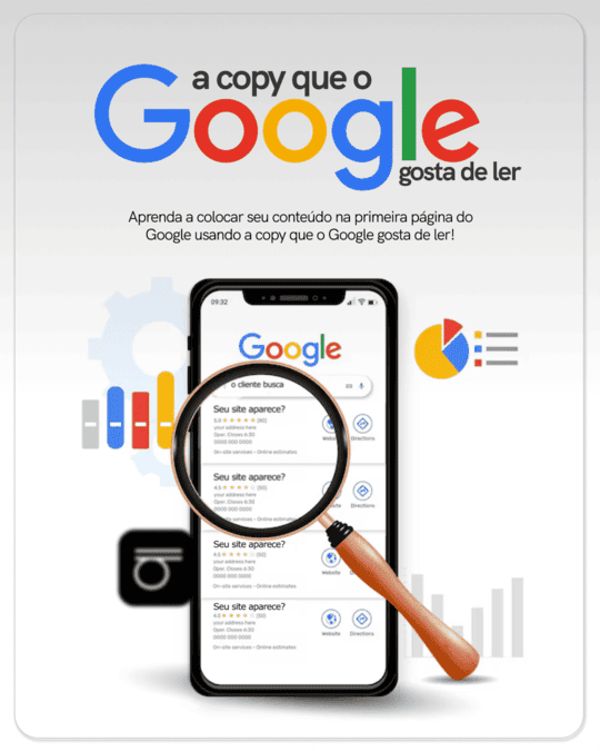 Imagem com o Título A Copy que o Google gosta de ler. Capa do Curso de Tráfego Pago. Uma lupa sobre um celular mostrando os resultados de busca orgânica no Google.